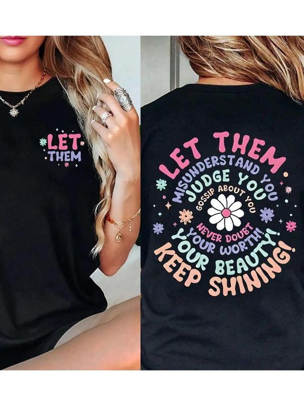 Women's Floral & Letter Print Round Neck Tee, Vintage Trendy Casual Crew Neck Short Sleeve T-shirt for Daily Wear, Ladies...