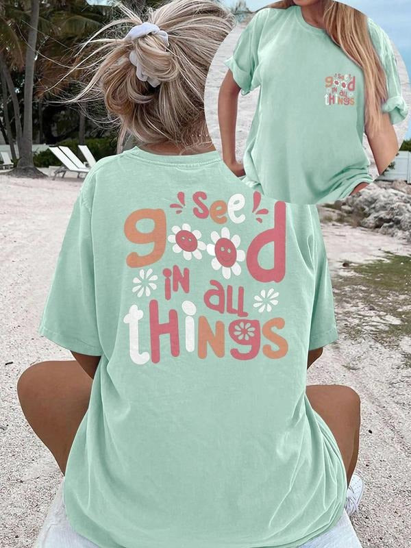 Women's Floral & Letter Print Round Neck Tee, Vintage Trendy Casual Crew Neck Short Sleeve T-shirt for Daily Wear, Ladies...