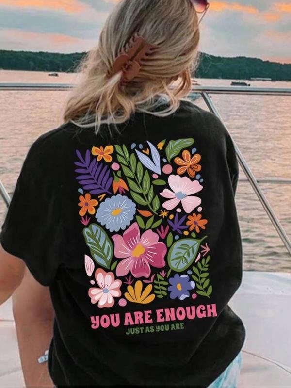 Women's Floral & Letter Print Round Neck Tee, Vintage Trendy Casual Short Sleeve Graphic T-shirt for Daily Wear, Ladies...