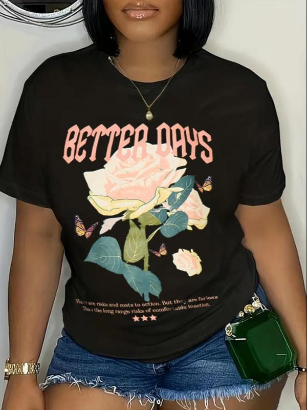 Women's Floral & Letter Print Round Neck Tee, Vintage Trendy Casual Short Sleeve T-shirt for Daily Wear, Ladies All...