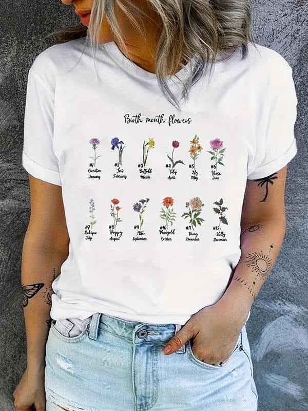 Women's Floral & Letter Print Round Neck Tee, Vintage Trendy Casual Short Sleeve T-shirt for Daily Wear, Ladies All...