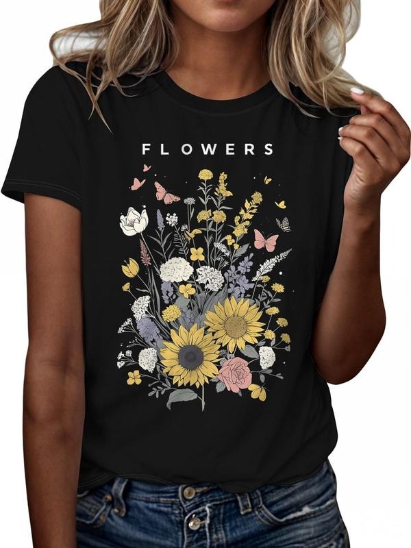 Women's Floral & Letter Print Round Neck Tee, Vintage Trendy Casual Short Sleeve T-shirt for Daily Wear, Ladies All...