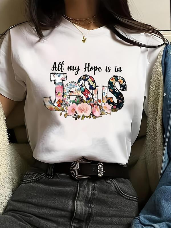 Women's Floral & Letter Print Round Neck Tee, Vintage Trendy Casual Short Sleeve T-shirt for Daily Wear, Ladies All...