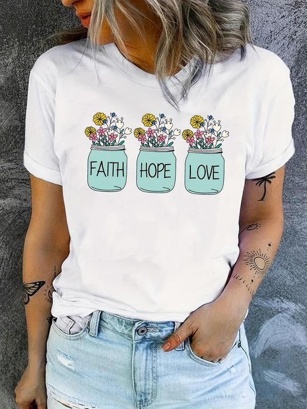 Women's Floral & Letter Print Round Neck Tee, Vintage Trendy Casual Short Sleeve T-shirt for Daily Wear, Ladies All...