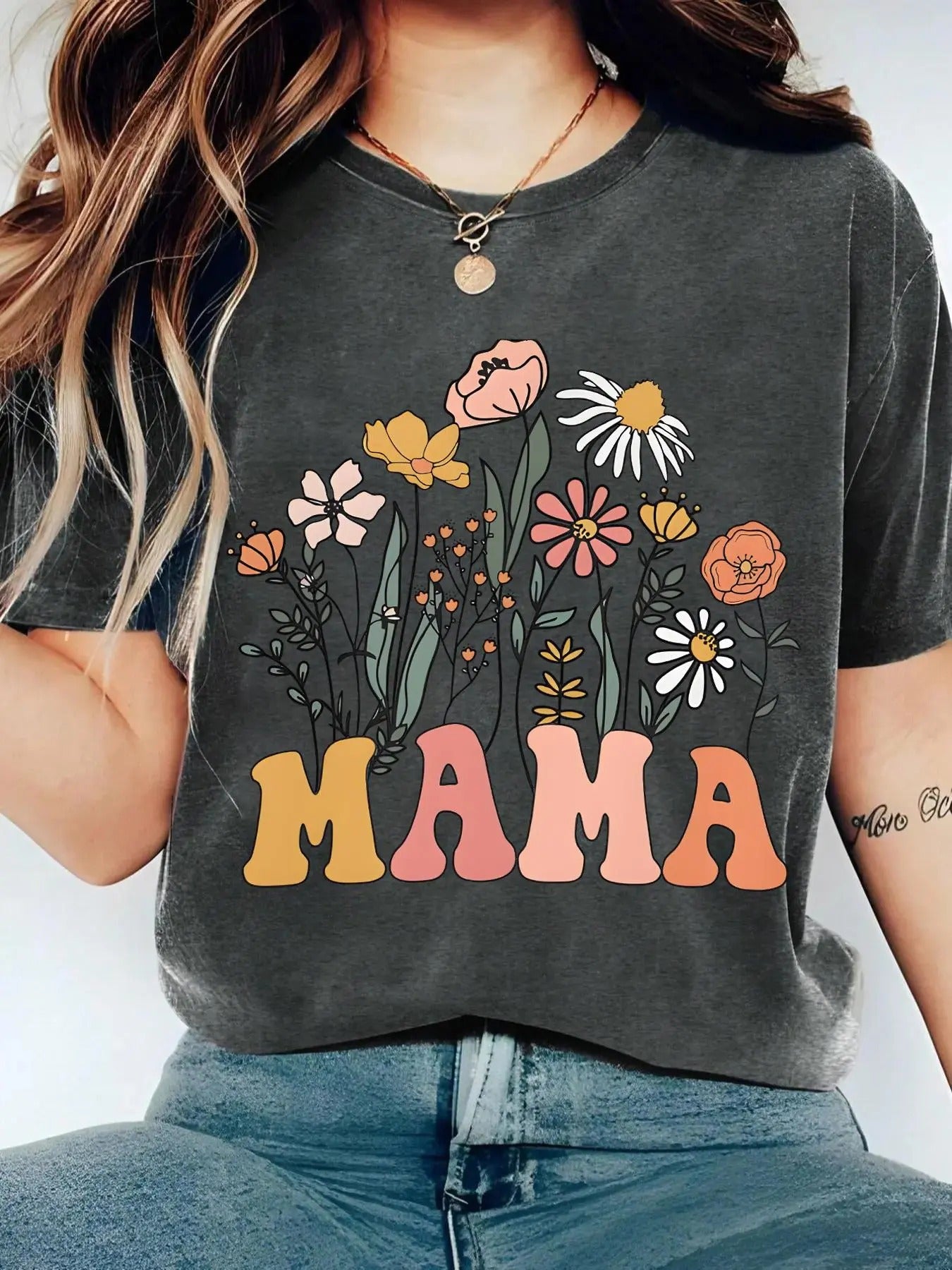 Women's Floral & Letter Print Round Neck Tee, Vintage Trendy Casual Short Sleeve T-shirt for Daily Wear, Ladies Spring &...
