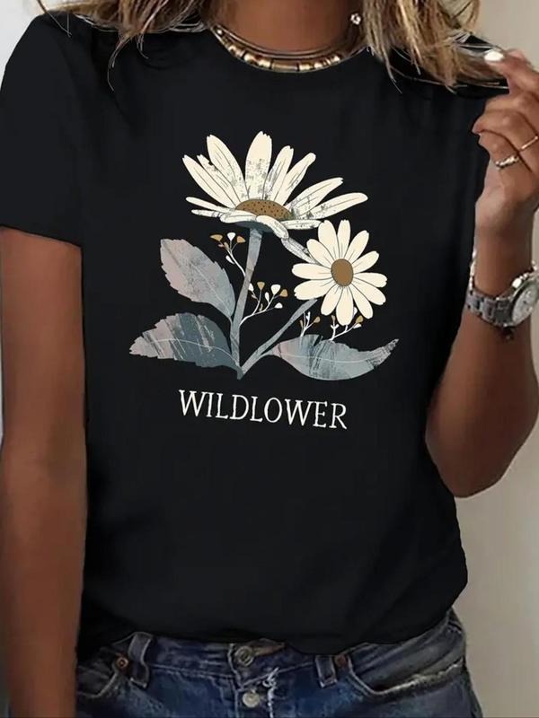 Women's Floral & Letter Print Round Neck Tee, Vintage Trendy Casual Short Sleeve T-shirt for Daily Wear, Ladies Summer...