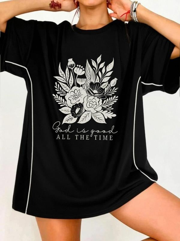 Women's Floral & Letter Print Round Neck Tee, Vintage Trendy Casual Short Sleeve T-shirt for Daily Wear, Ladies Summer...
