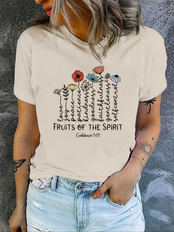Women's Floral & Letter Print Round Neck Tee, Vintage Trendy Casual Short Sleeve T-shirt for Daily Wear, Ladies Summer...