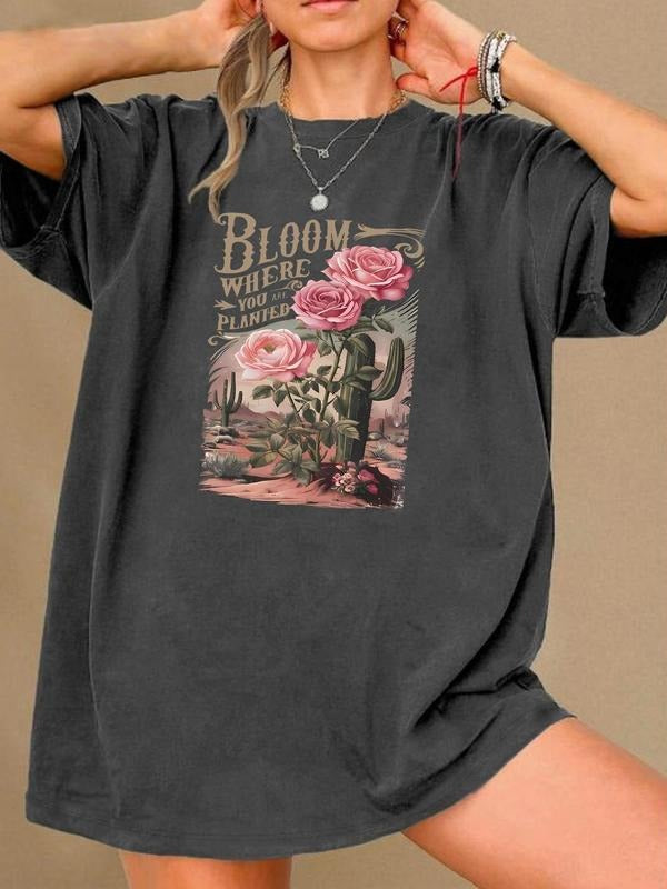 Women's Floral & Letter Print Round Neck Tee, Vintage Trendy Casual Short Sleeve T-shirt for Daily Wear, Ladies Summer...
