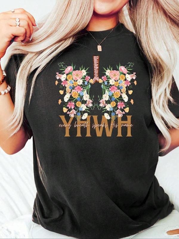 Women's Floral & Letter Print Round Neck Tee, Vintage Trendy Casual Short Sleeve T-shirt for Daily Wear, Ladies Summer...
