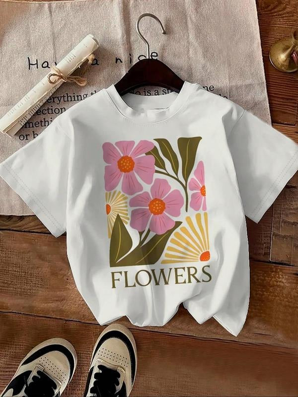 Women's Floral & Letter Print Round Neck Tee, Vintage Trendy Casual Short Sleeve T-shirt for Daily Wear, Ladies Summer...