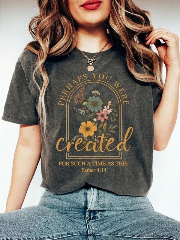 Women's Floral & Letter Print Round Neck Tee, Vintage Trendy Casual Short Sleeve T-shirt for Daily Wear, Ladies Summer,...