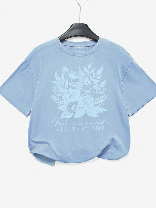 Women's Floral & Letter Print Round Neck Tee, Vintage Trendy Casual Short Sleeve T-shirt for Daily Wear, Ladies Summer,...