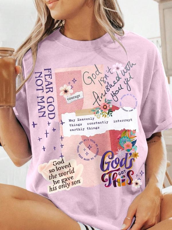 Women's Floral & Letter Print Round Neck Tee, Vintage Trendy Casual Short Sleeve T-shirt for Daily Wear, Ladies Summer,...
