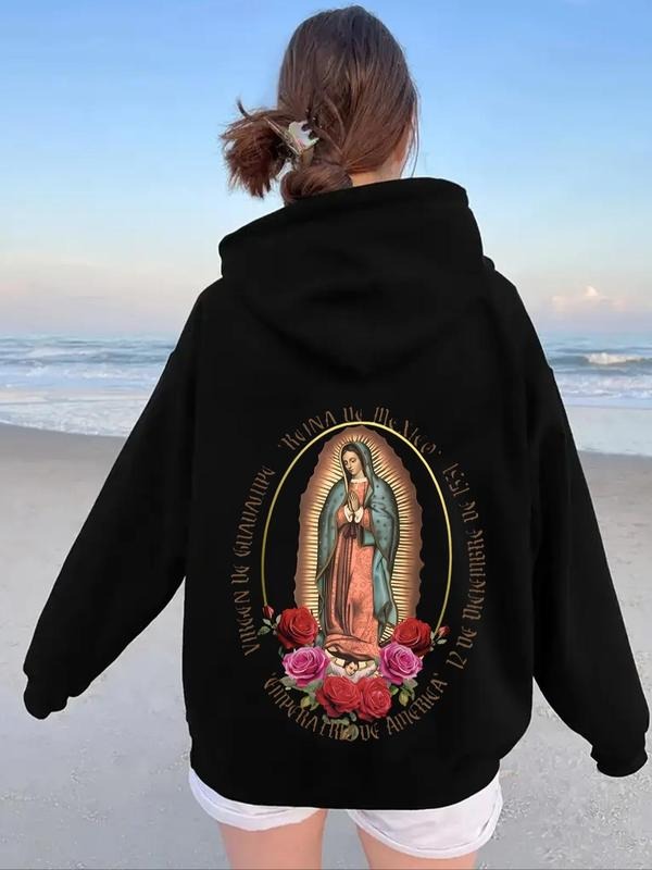 Women's Floral & Letters & Virgin Mary Figure Drop Shoulder Hoodie, Fashion Drawstring Kangaroo Pocket Hooded Sweatshirt...