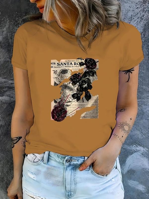 Women's Floral & Map Print Round Neck Tee, Vintage Trendy Casual Short Sleeve T-shirt for Daily Wear, Ladies Spring &...