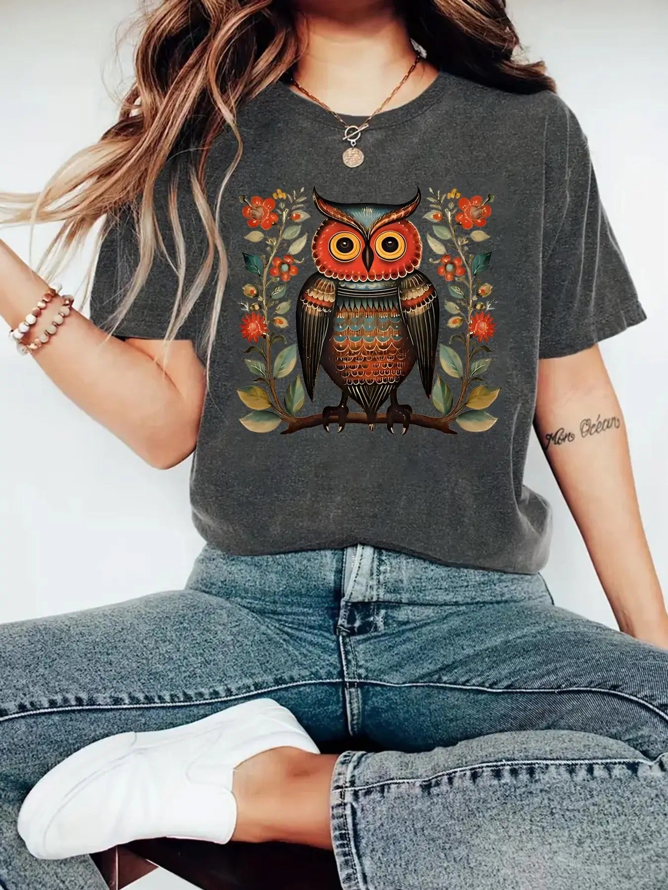 Women's Floral & Owl Print Round Neck Tee, Fashion Casual Crew Neck T-shirt for Daily Holiday Outdoor Wear, Ladies...