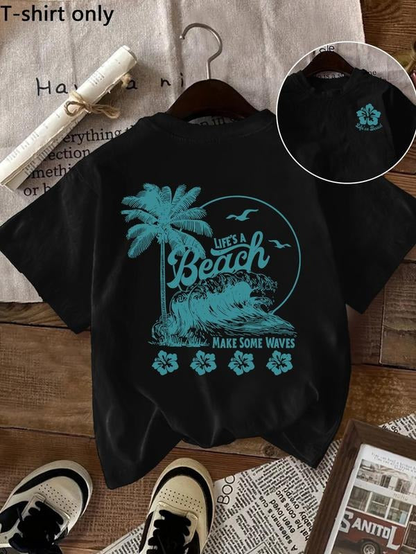 Women's Floral & Palm Tree Print Round Neck Graphic Tee, Vintage Trendy Casual Short Sleeve T-shirt for Daily Wear,...