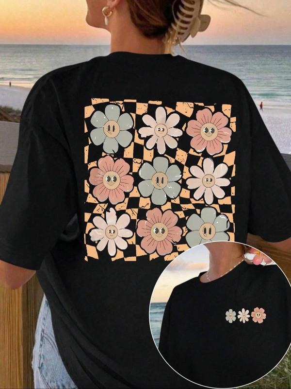 Women's Floral & Plaid Print Crew Neck Tee, Trendy Casual Drop Shoulder Short Sleeve T-Shirt for Daily Wear, Ladies...