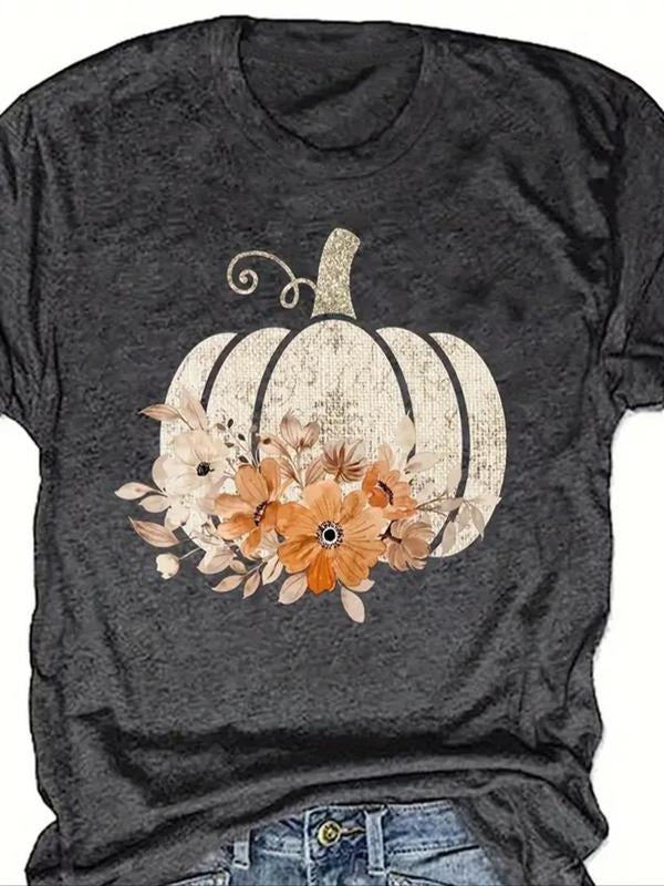 Women's Floral & Pumpkin Print Round Neck Tee, Casual Short Sleeve Crew Neck T-Shirt for Summer, Fashion Women's Top for...