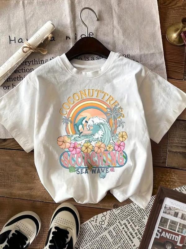 Women's Floral & Sea View Print Round Neck Tee, Trendy Casual Letter Graphic Short Sleeve T-shirt for Daily Wear, Ladies...