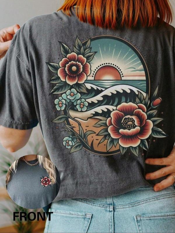 Women's Floral & Sea Wave Print Round Neck Tee, Vintage Trendy Casual Short Sleeve T-shirt for Daily Wear, Ladies Summer,...