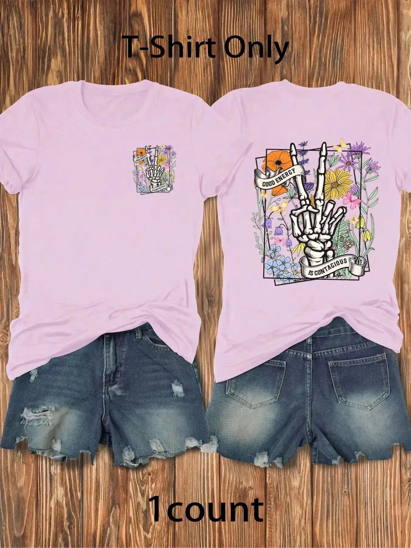 Women's Floral & Skeleton Hand Print Round Neck Tee, Vintage Trendy Casual Short Sleeve Letter Graphic T-shirt for Daily...