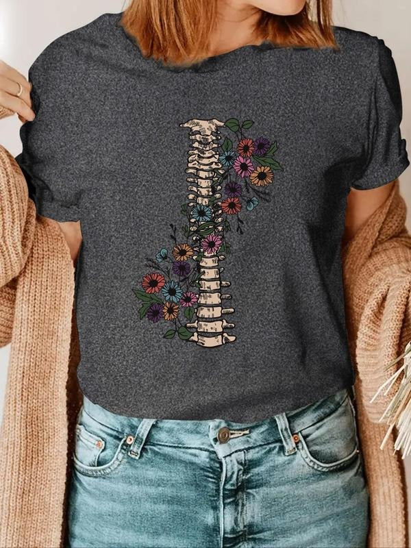 Women's Floral & Skeleton Print Round Neck Graphic Tee, Vintage Trendy Casual Short Sleeve T-shirt for Daily Wear, Ladies...