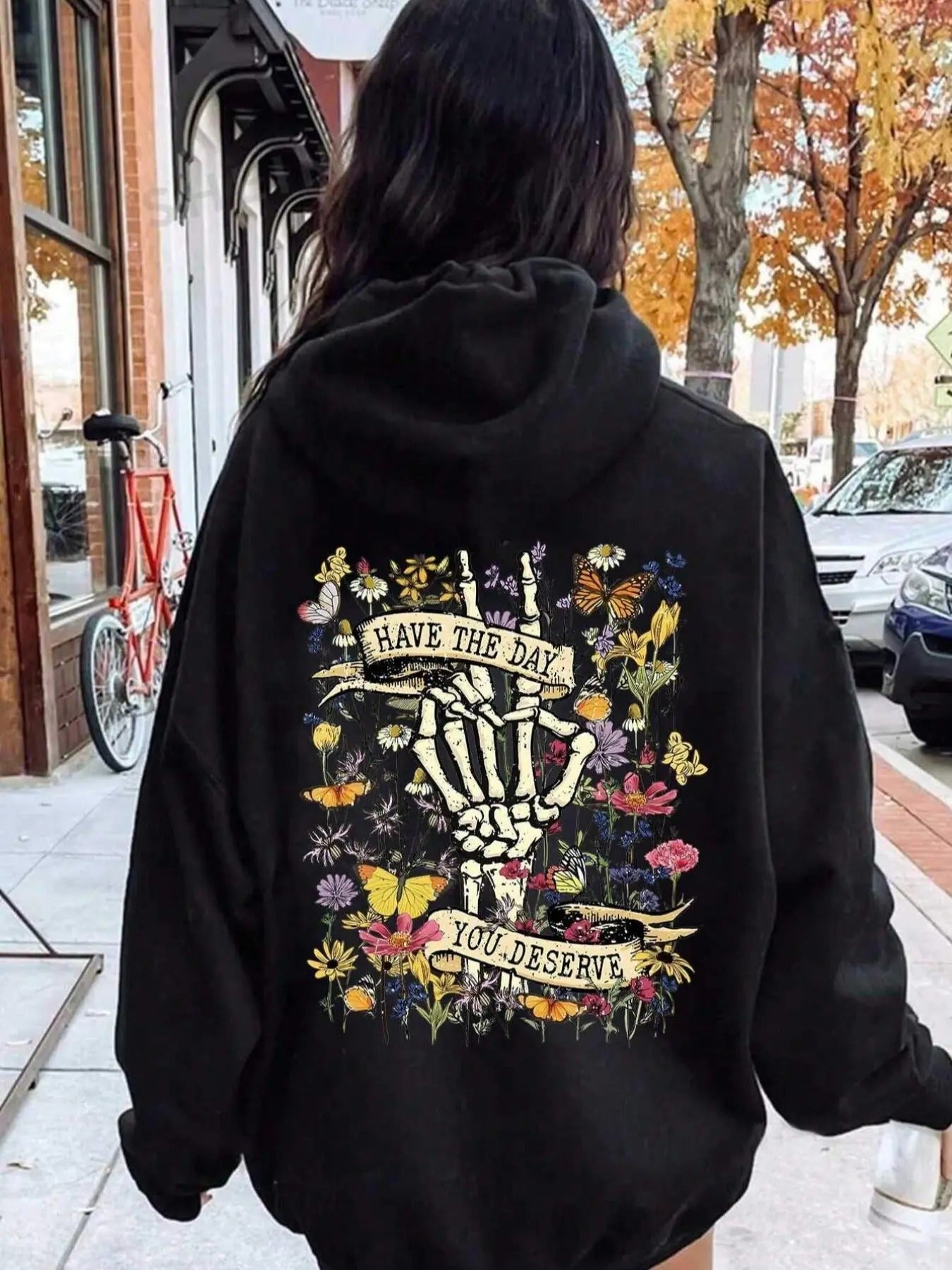Floral & Skeleton Print Thermal Lined Casual Letter Print Hooded Daily Outdoor Fall & Winter T-Shirts, Hoodie, Sweatshirt