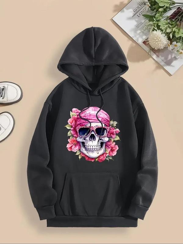 Women's Floral & Skull Print Drawstring Pocket Hoodie, Fashion Casual Hooded Sweatshirt for Daily Holiday Outdoor Wear,...