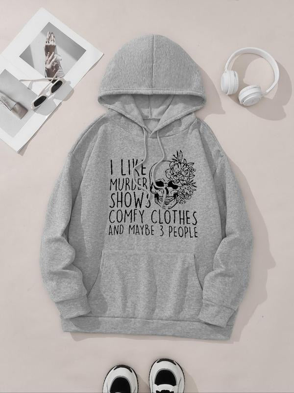 Women's Floral & Skull Print Drop Shoulder Hoodie, Fashion Casual Drawstring Pocket Hooded Sweatshirt for Daily Holiday...