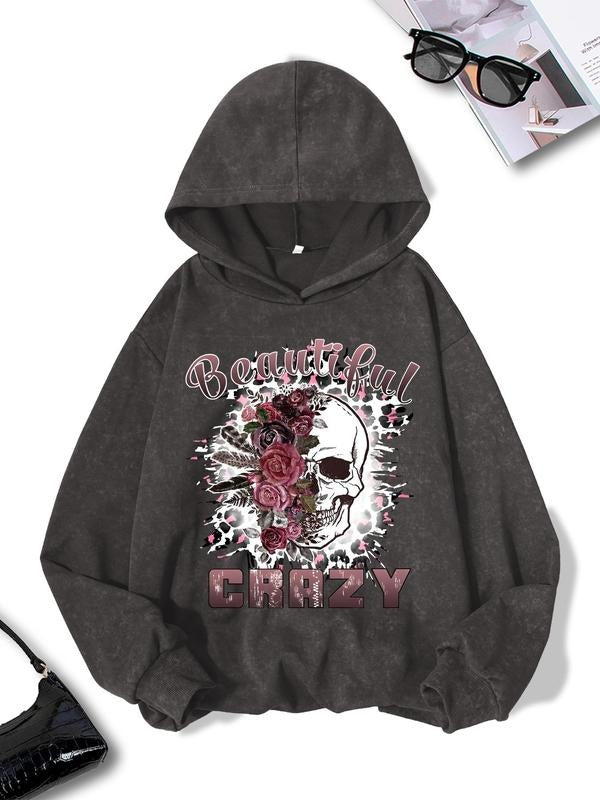 Women's Floral & Skull Print Drop Shoulder Hoodie, Fashion Casual Hooded Sweatshirt for Daily Holiday Outdoor Wear,...