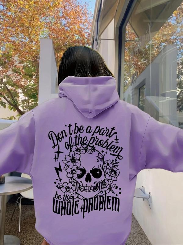 Women's Floral & Skull Print Drop Shoulder Hoodie, Fashion Casual Letter Graphic Drawstring Pocket Hooded Sweatshirt for...
