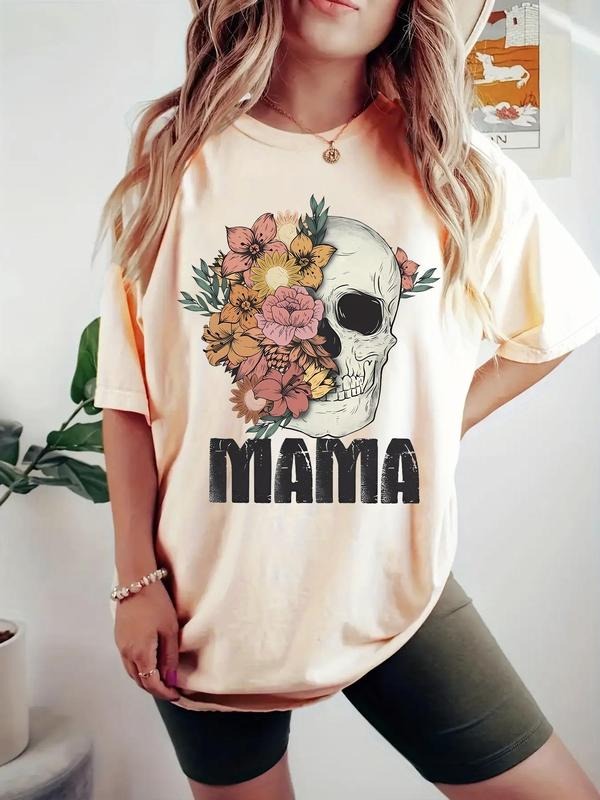 Women's Floral & Skull Print Round Neck Tee, Fashion Casual Crew Neck Short Sleeve T-shirt for Daily Holiday Wear, Ladies...
