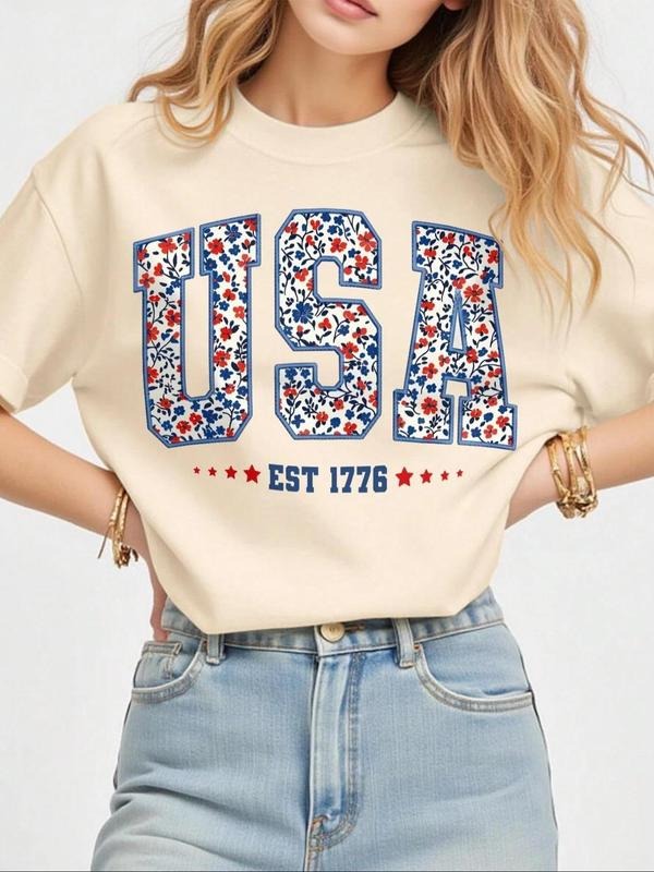 Women's Floral & Star & Striped Print Round Neck Graphic Tee, Vintage Trendy Casual Short Sleeve T-shirt for Daily Wear,...