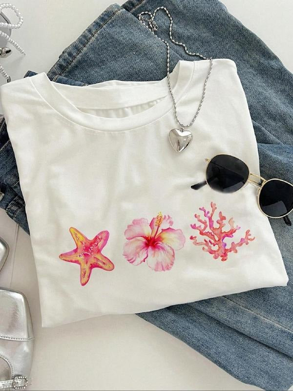 Women's Floral & Starfish Print Round Neck Tee, Casual Short Sleeve Crew Neck T-shirt for Summer, Fashion Women's Top for...