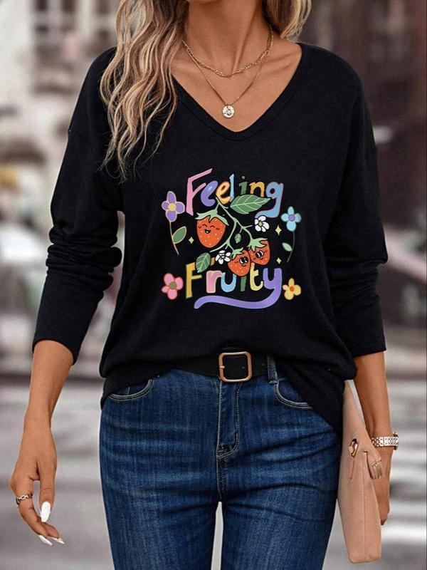 Women's Floral & Strawberry  & Letter Print V Neck Tee, Casual  Long Sleeve T-shirt for Fall & Winter, Fashion Ladies'...