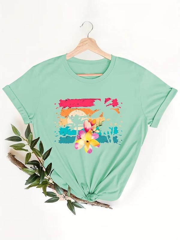 Women's Floral & Sunset Print Round Neck Tee, Casual Short Sleeve Crew Neck T-Shirt for Summer, Fashion Women's Top for...