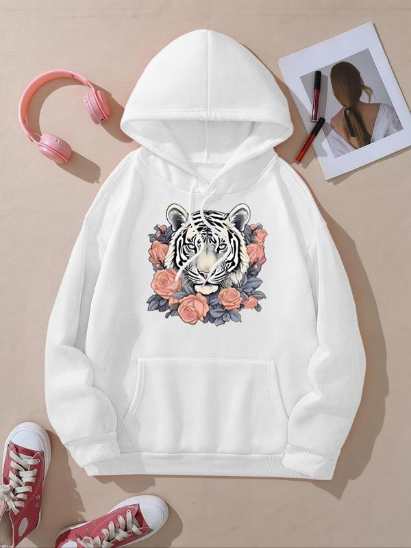 Women's Floral & Tiger Print Hoodie, Fashion Casual Long Sleeve Hooded Sweatshirt for Daily Holiday Outdoor Wear, Women...