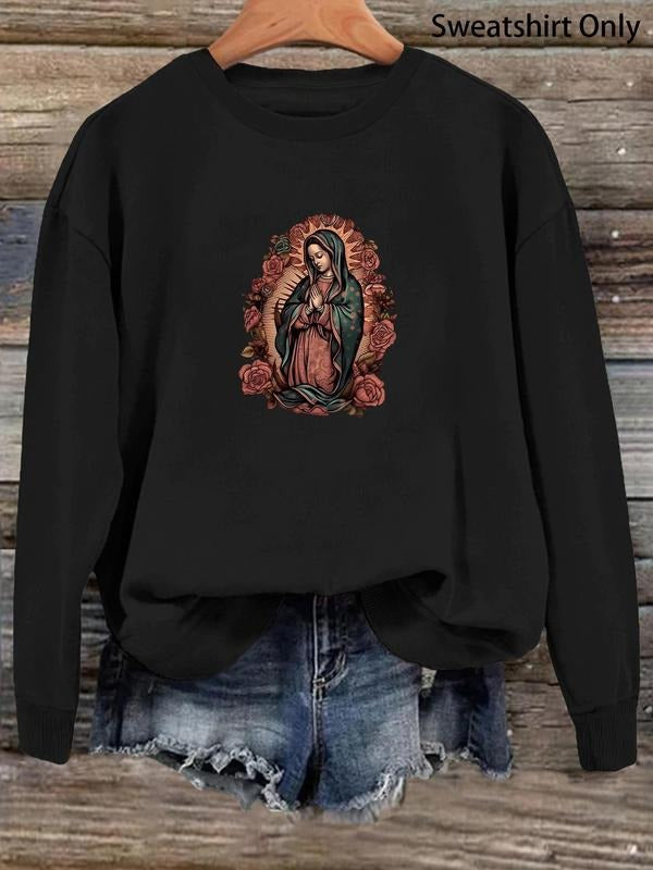 Women's Floral & Virgin Mary Print Drop Shoulder Sweatshirt, Casual Long Sleeve Round Neck Pullover for Daily Wear,...