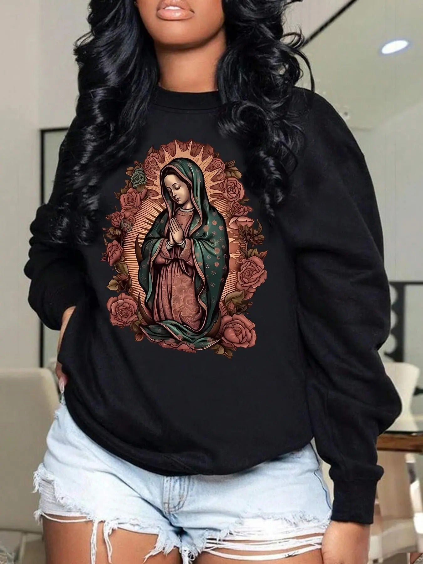 Floral & Virgin Mary Print Drop Shoulder Casual Long Sleeve Round Neck Fall & Winter Clothes Daily T-Shirts, Hoodie, Sweatshirt