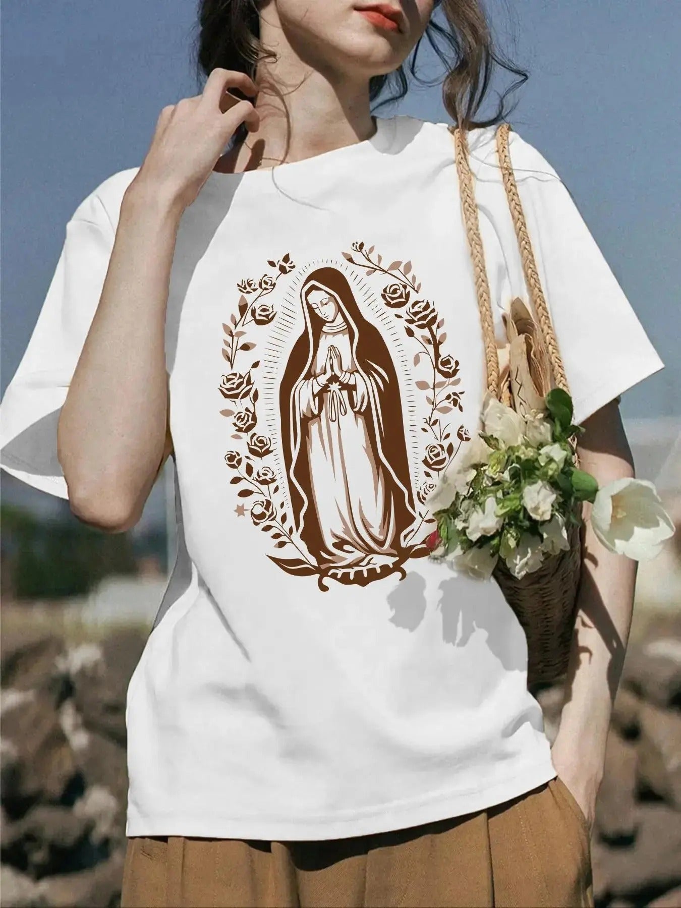 Women's Floral & Virgin Mary Print Round Neck Tee, Vintage Trendy Casual Drop Shoulder Short Sleeve T-Shirt for Daily...
