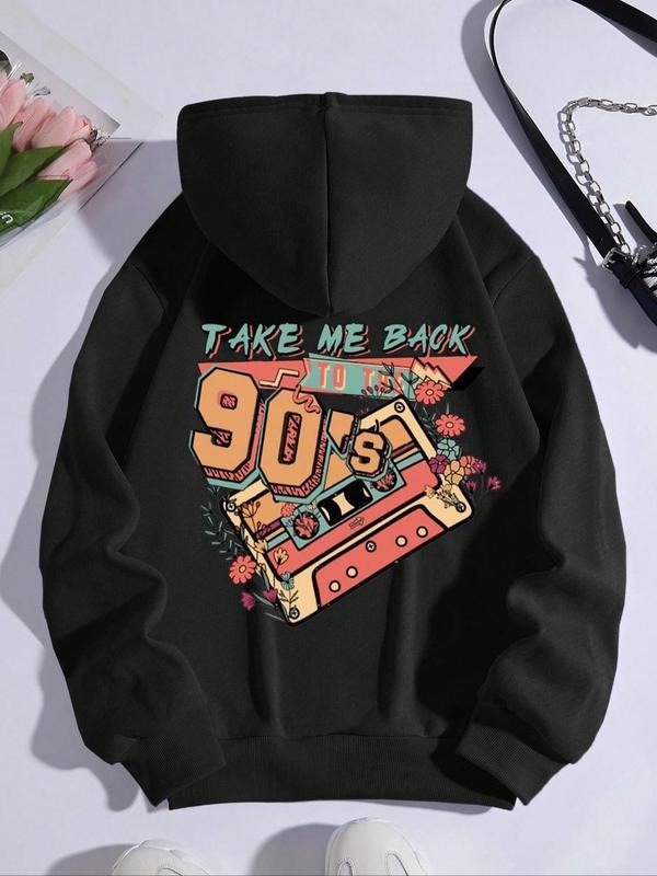 Women's Floral Cassette & Letter Print Drop Shoulder Hoodie, Fashion Casual Drawstring Pocket Hooded Sweatshirt for Daily...