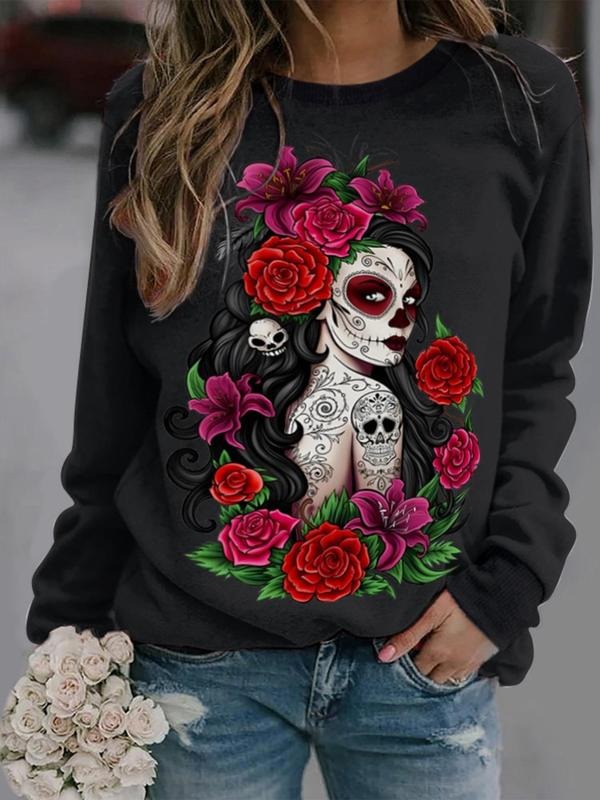 Women's Floral Figure Print Crew Neck Sweatshirt Pullover, Fashion Casual Long Sleeve Sweatshirt for Daily Holiday...