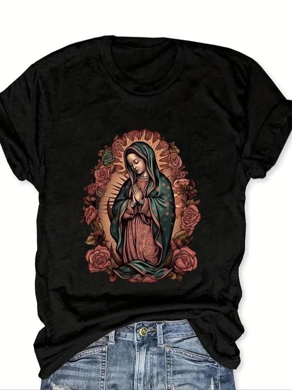 Women's Floral Figure Print Round Neck Graphic Tee, Vintage Trendy Casual Short Sleeve T-shirt for Daily Wear, Ladies...