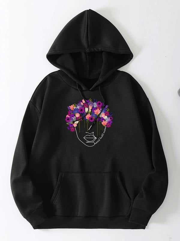 Women's Floral Graphic  Print Drop Shoulder Hoodie, Fashion Casual Drawstring Pocket Hooded Sweatshirt for Daily Holiday...