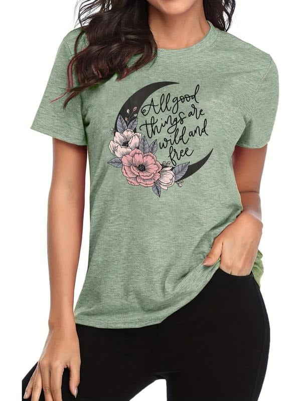 Women's Floral Moon Letter Print Round Neck Graphic Tee, Vintage Trendy Casual Short Sleeve T-shirt for Daily Wear,...