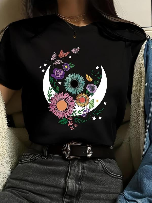 Women's Floral Moon Print Round Neck Graphic Tee, Vintage Trendy Casual Short Sleeve T-shirt for Daily Wear, Ladies All...
