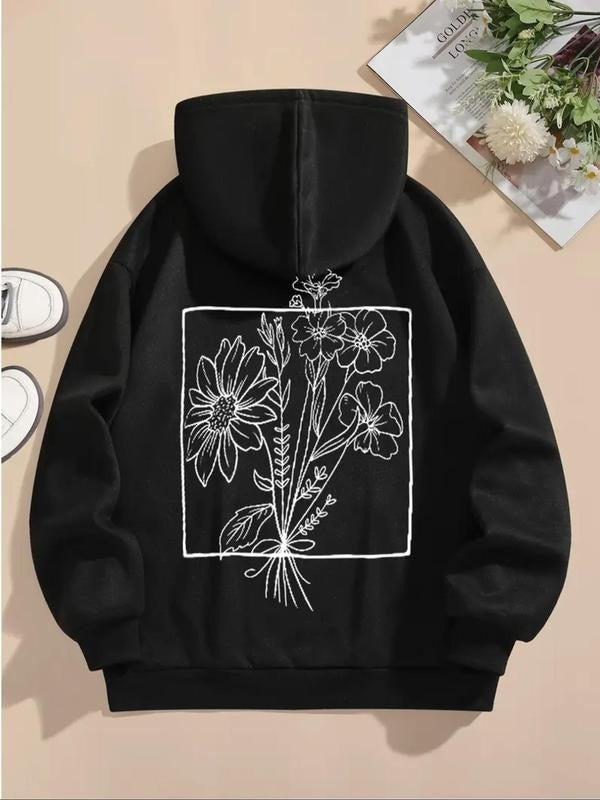 Women's Floral Print Drawstring Kangaroo Pocket Drop Shoulder Hoodie, Fashion Casual Long Sleeve Hooded Sweatshirt for...