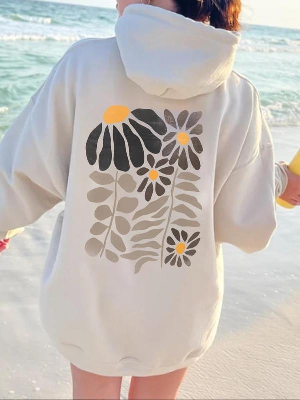 Women's Floral Print Drop Shoulder Drawstring Hoodie, Casual Long Sleeve Kangaroo Pocket Hooded Sweatshirt for Fall &...